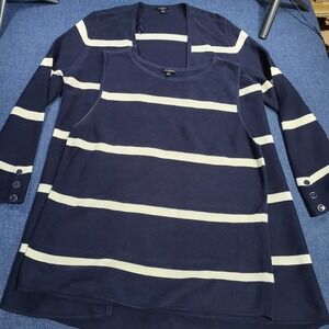 Talbots Petite Navy White Stripe Knit Cardigan Sleeveless Top Set XL P